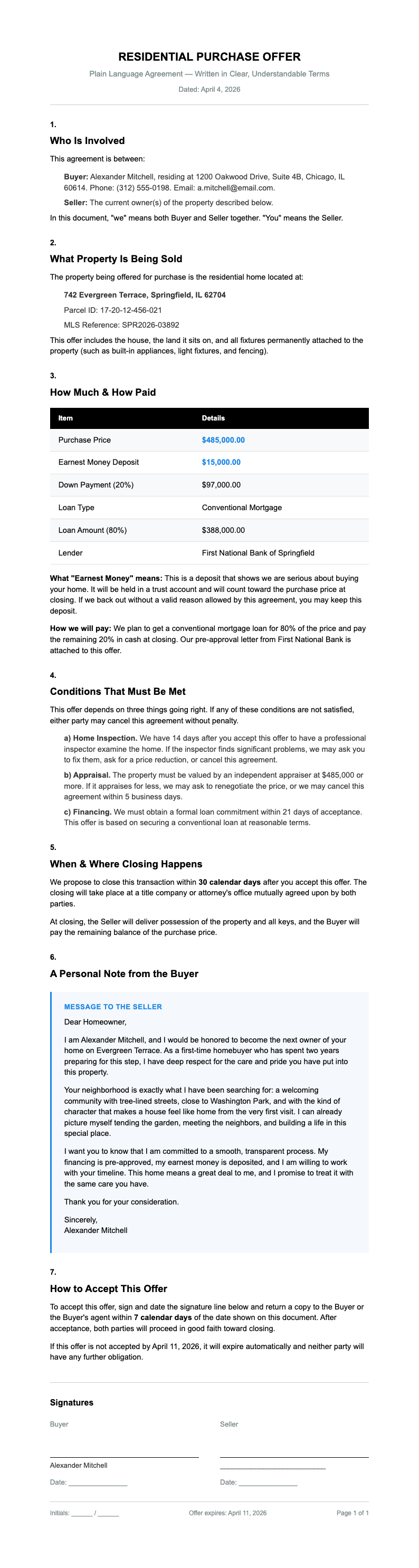 Plain language house offer letter